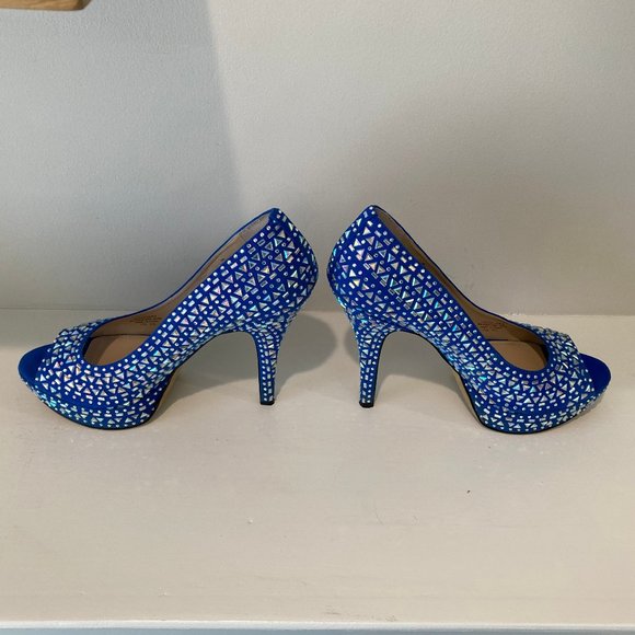 ENZO ANGIOLINI size 8 blue fun embellished platform peep toe heel - Picture 7 of 11